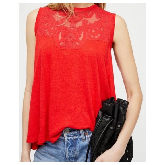 Free People Tops - SOLD-Free People Lace Neck Red Sleeveless Swing Tunic